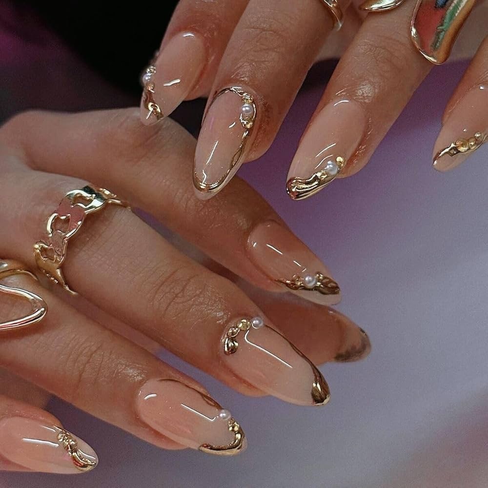 Almond French Tip Gold Line Design Press-On Nails 24 Pcs